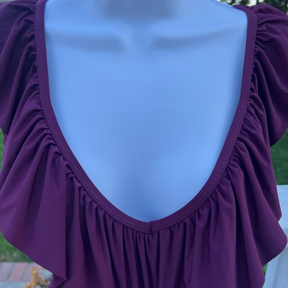 Burgundy Asymmetrical Ruffled Bodysuit Swimwear Women’s size Small - Picture 4 of 14